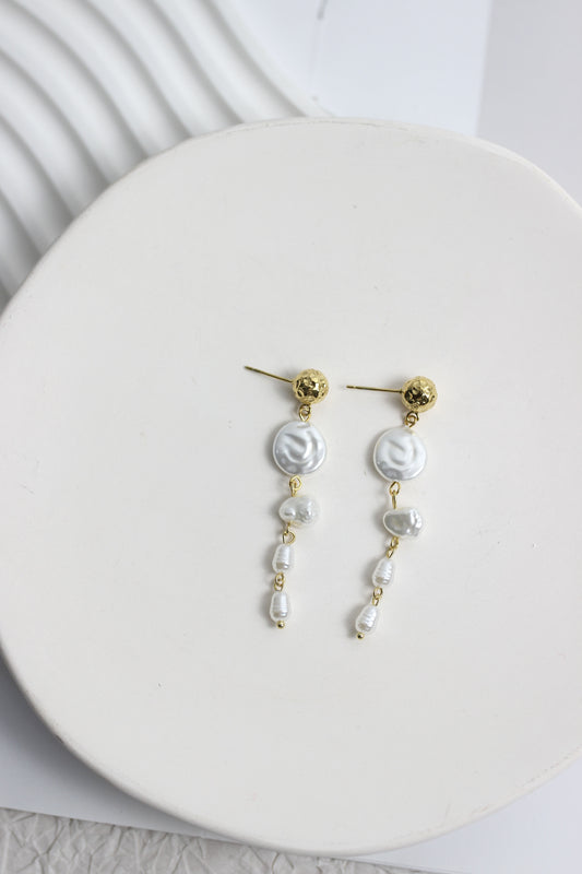 A2505MJ92953 - Faux Pearl Drop Earrings with Hammered Stainless Steel Studs