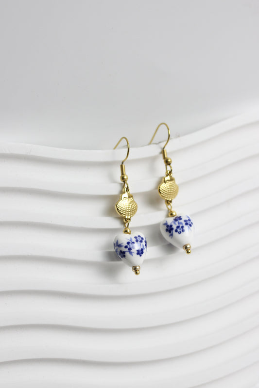 A2505MJ97032 - Blue Floral Porcelain Heart Drop Earrings
