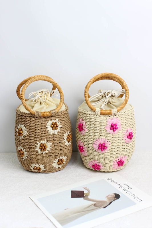 A2505QH74860 - Handmade Flower Bucket Bag with Wooden Handle