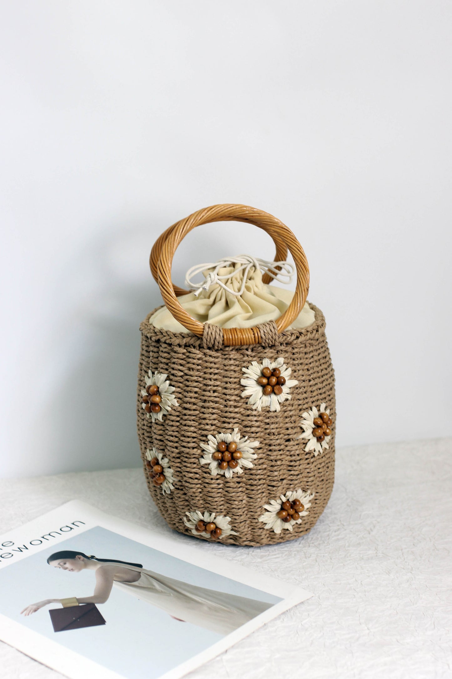A2505QH74860 - Handmade Flower Bucket Bag with Wooden Handle