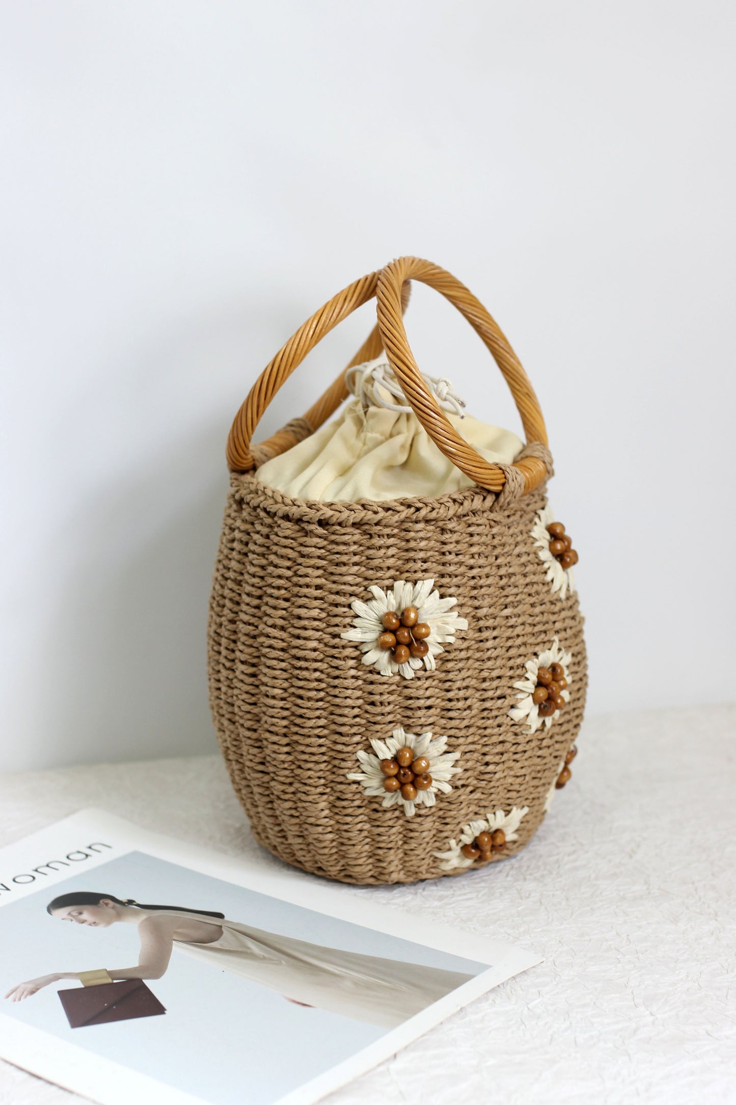 A2505QH74860 - Handmade Flower Bucket Bag with Wooden Handle