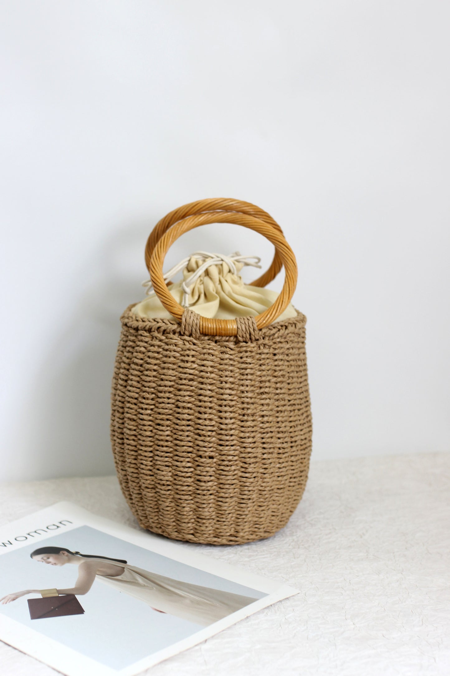 A2505QH74860 - Handmade Flower Bucket Bag with Wooden Handle