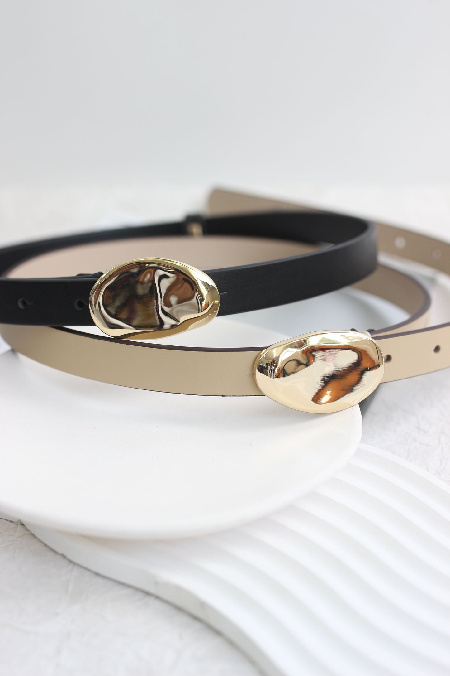 A2506MJY75668 - Genuine Leather Slim Belt with Polished Oval Buckle