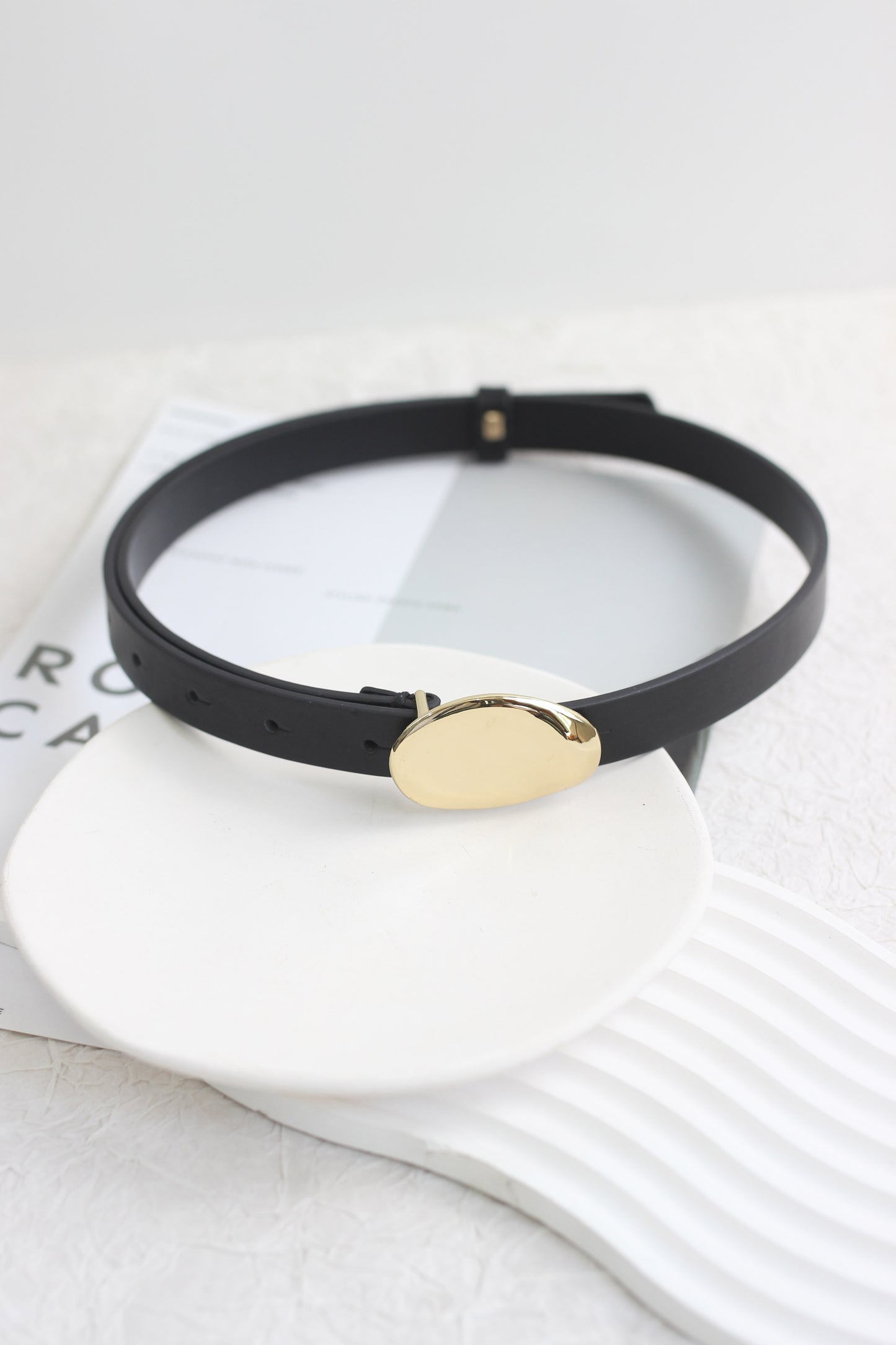 A2506MJY75668 - Genuine Leather Slim Belt with Polished Oval Buckle