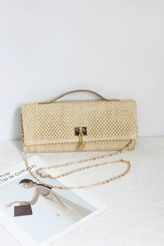 A2506SJ75218 - Natural Straw Clutch Bag with Chain Strap & Turn Lock Closure