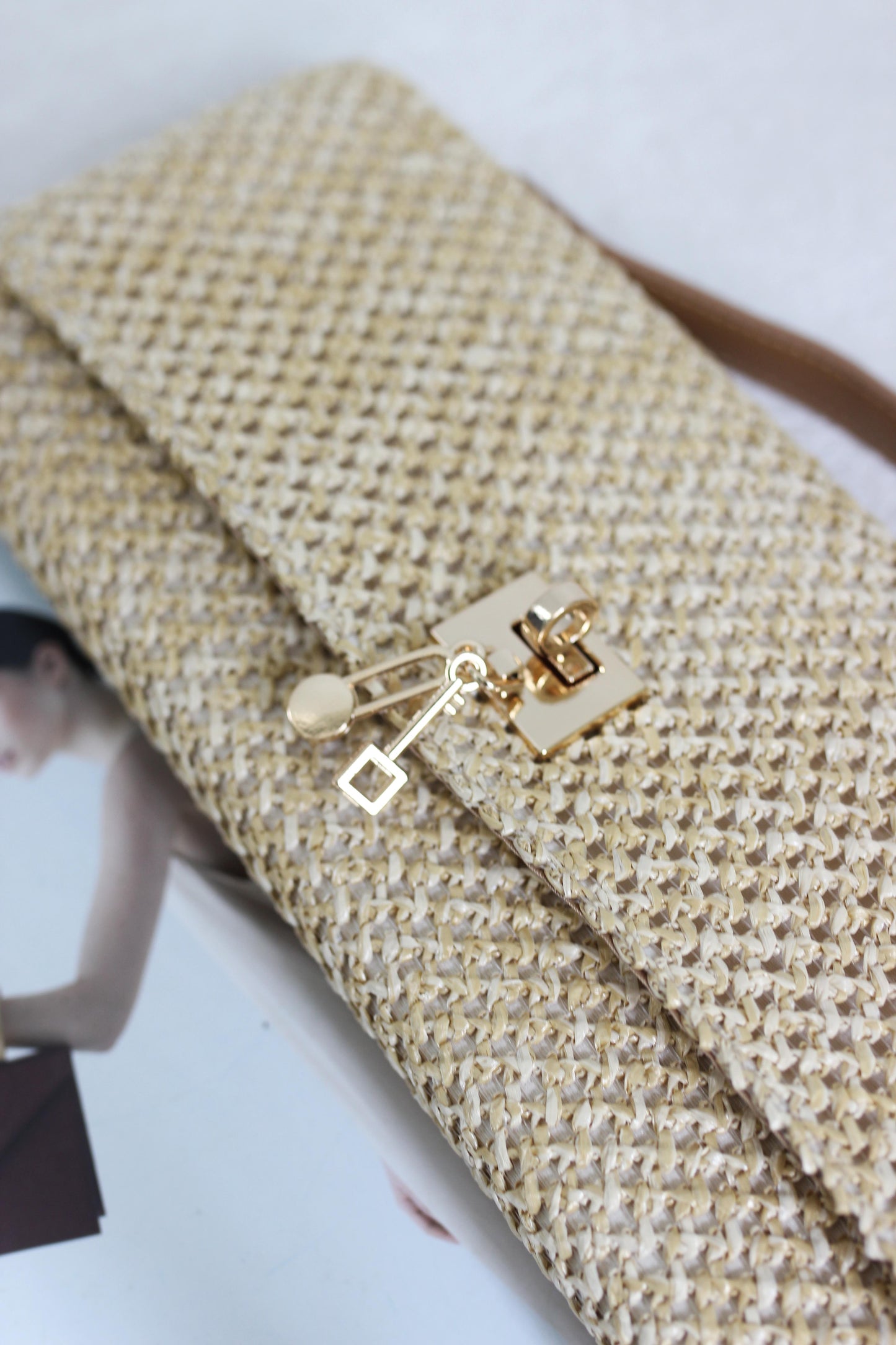 A2506SJ75218 - Natural Straw Clutch Bag with Chain Strap & Turn Lock Closure