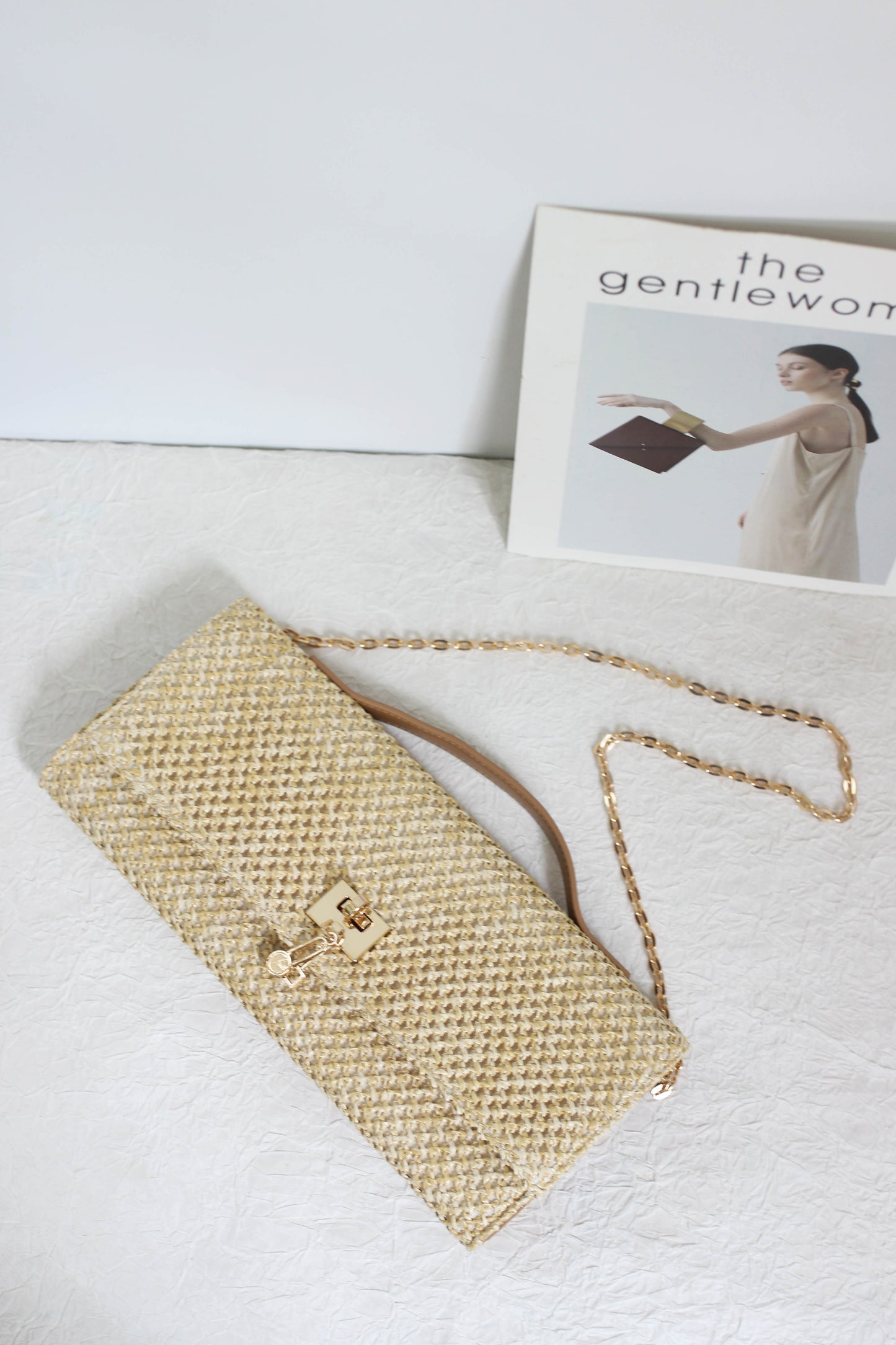 A2506SJ75218 - Natural Straw Clutch Bag with Chain Strap & Turn Lock Closure