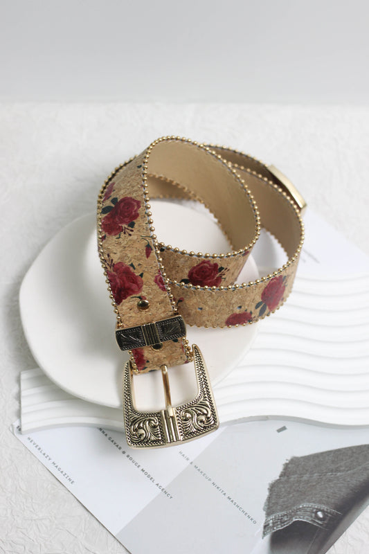 A2507XX33036 - Vintage Floral PU Leather Belt with Engraved Western Buckle