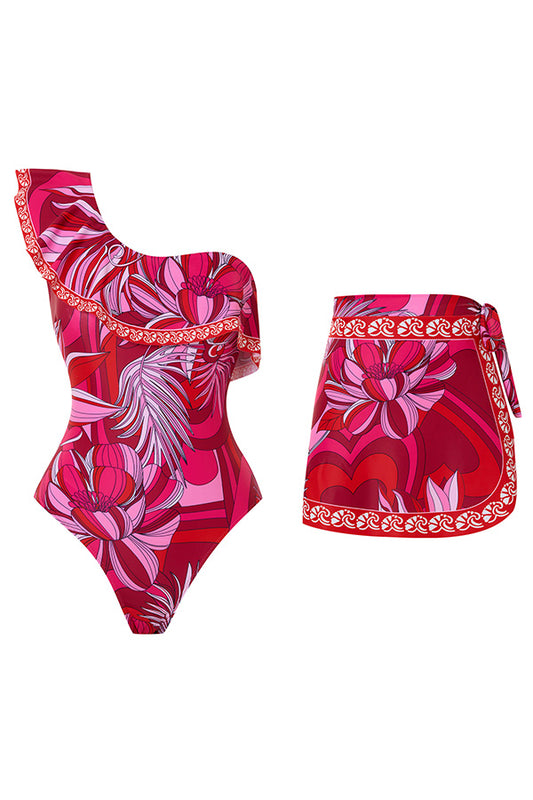 B2502QJY16449 - Tropical Red One-Shoulder Ruffle Swimsuit with Matching Sarong