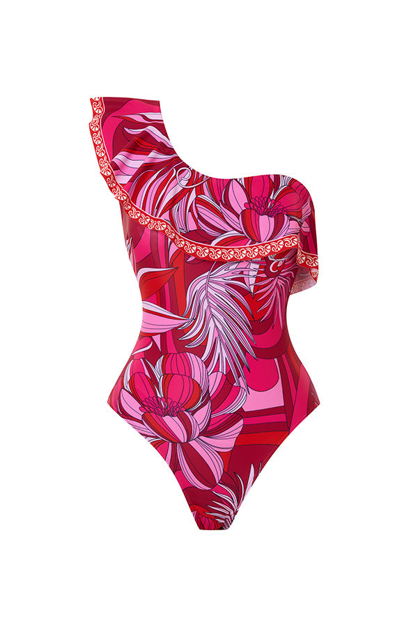 B2502QJY16449 - Tropical Red One-Shoulder Ruffle Swimsuit with Matching Sarong