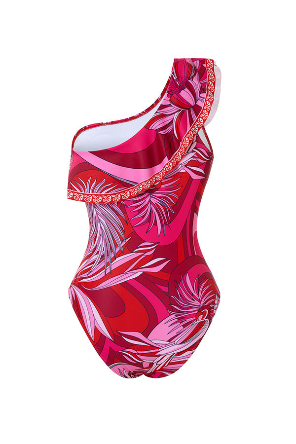 B2502QJY16449 - Tropical Red One-Shoulder Ruffle Swimsuit with Matching Sarong