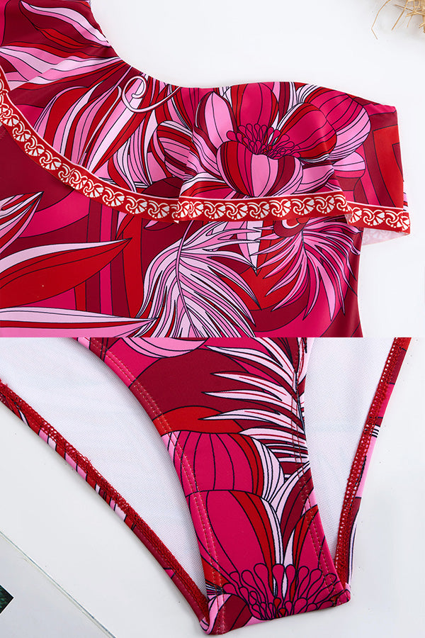 B2502QJY16449 - Tropical Red One-Shoulder Ruffle Swimsuit with Matching Sarong