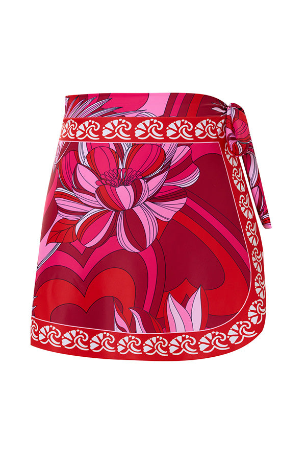 B2502QJY16449 - Tropical Red One-Shoulder Ruffle Swimsuit with Matching Sarong