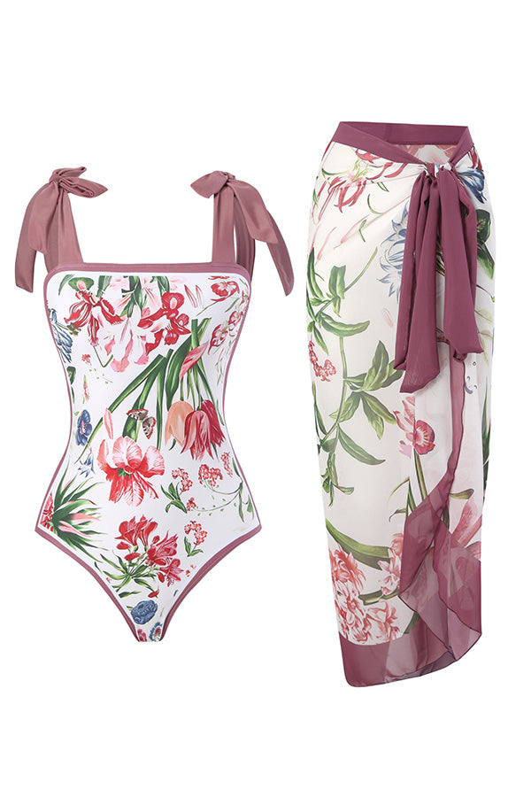 B2502QJY33359 - Tie-Shoulder One-Piece Swimsuit & Matching Sarong Set