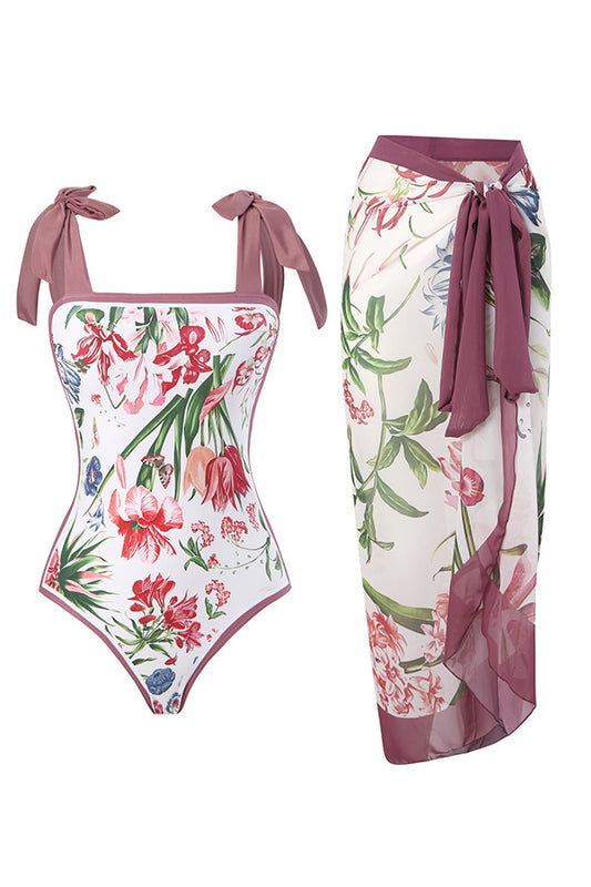 B2502QJY33359 - Tie-Shoulder One-Piece Swimsuit & Matching Sarong Set