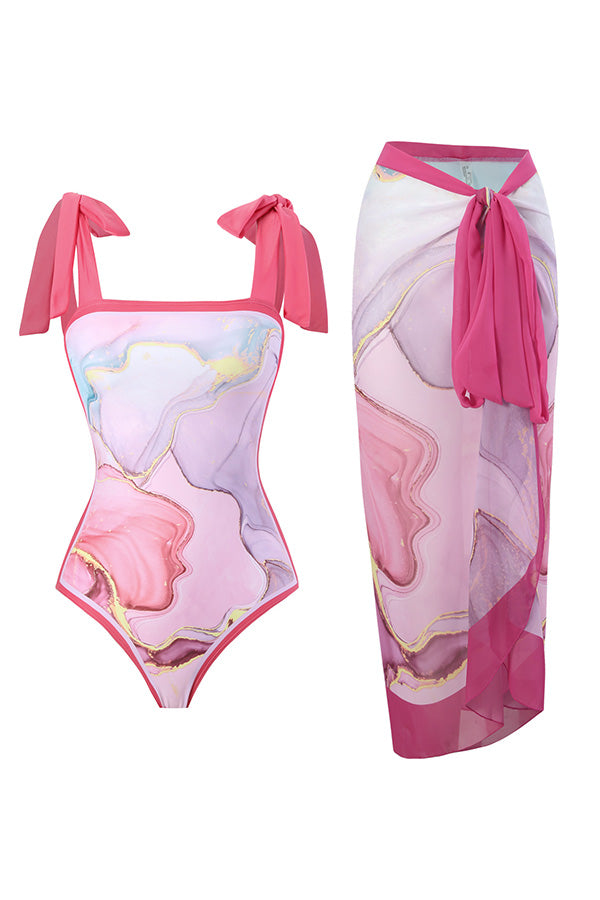 B2502QJY33359 - Tie-Shoulder One-Piece Swimsuit & Matching Sarong Set