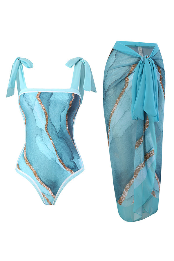 B2502QJY33359 - Tie-Shoulder One-Piece Swimsuit & Matching Sarong Set