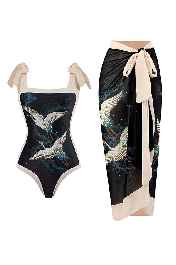 B2502QJY33359 - Tie-Shoulder One-Piece Swimsuit & Matching Sarong Set