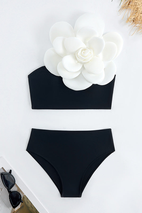 B2502QJY44645 - Floral Embellished One-Shoulder Bikini Set
