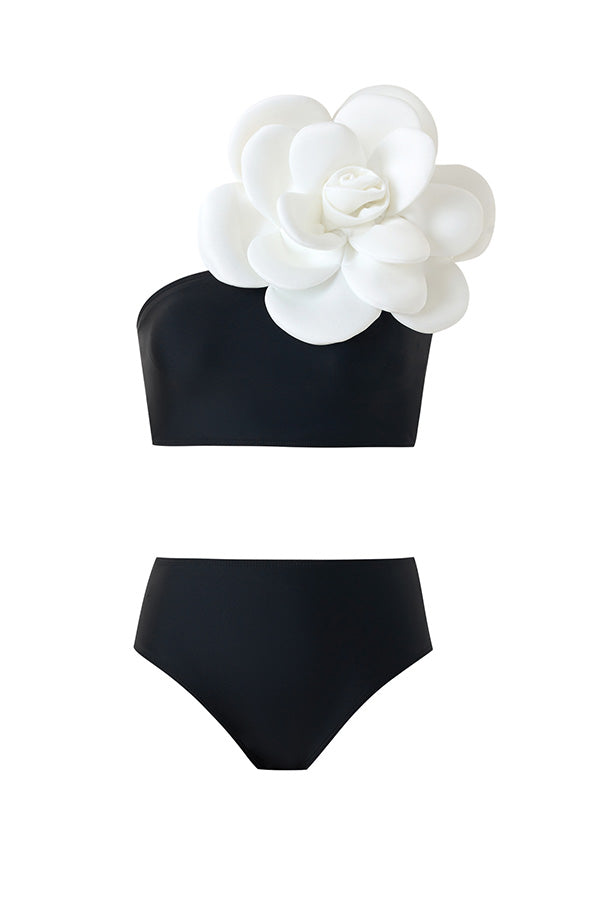 B2502QJY44645 - Floral Embellished One-Shoulder Bikini Set