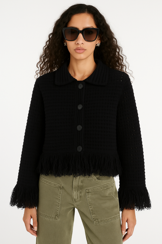 W2506SM93921 - Fringe Trim Hollow Knit Button-Up Cardigan