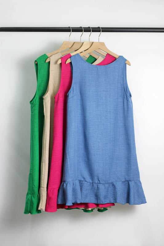 D2502GS21850 - Sleeveless Ruffle Hem Shift Dress with Back Bow Tie