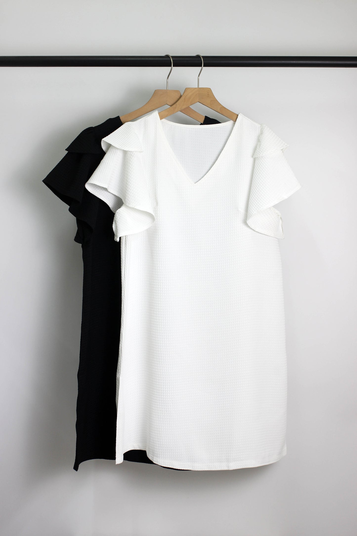 D2502TF10096 - Ruffled Sleeve V-Neck Textured Dress