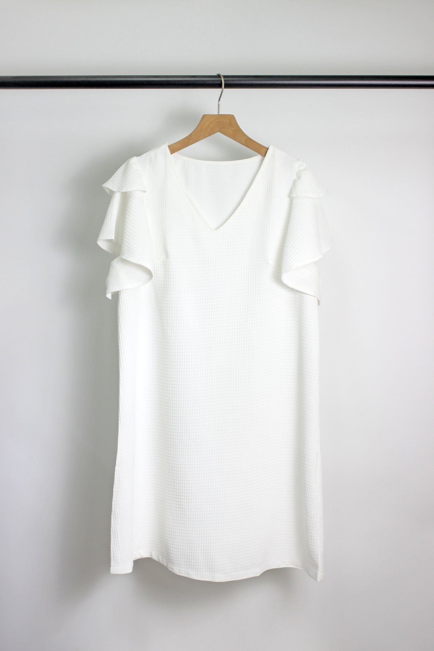 D2502TF10096 - Ruffled Sleeve V-Neck Textured Dress