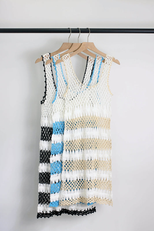 D2504MY28670 - Boho Striped Crochet Knit Cover-Up Dress