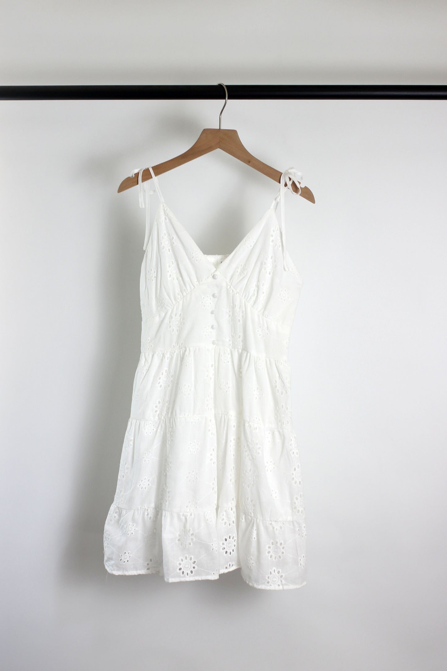 D2506DLM40332 - Eyelet Embroidered Tie-Strap White Sundress
