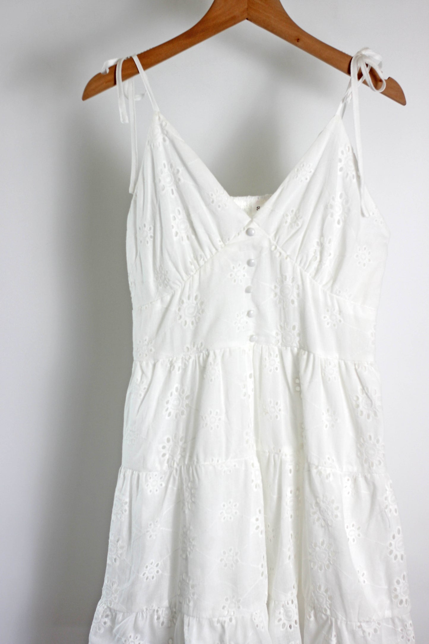 D2506DLM40332 - Eyelet Embroidered Tie-Strap White Sundress