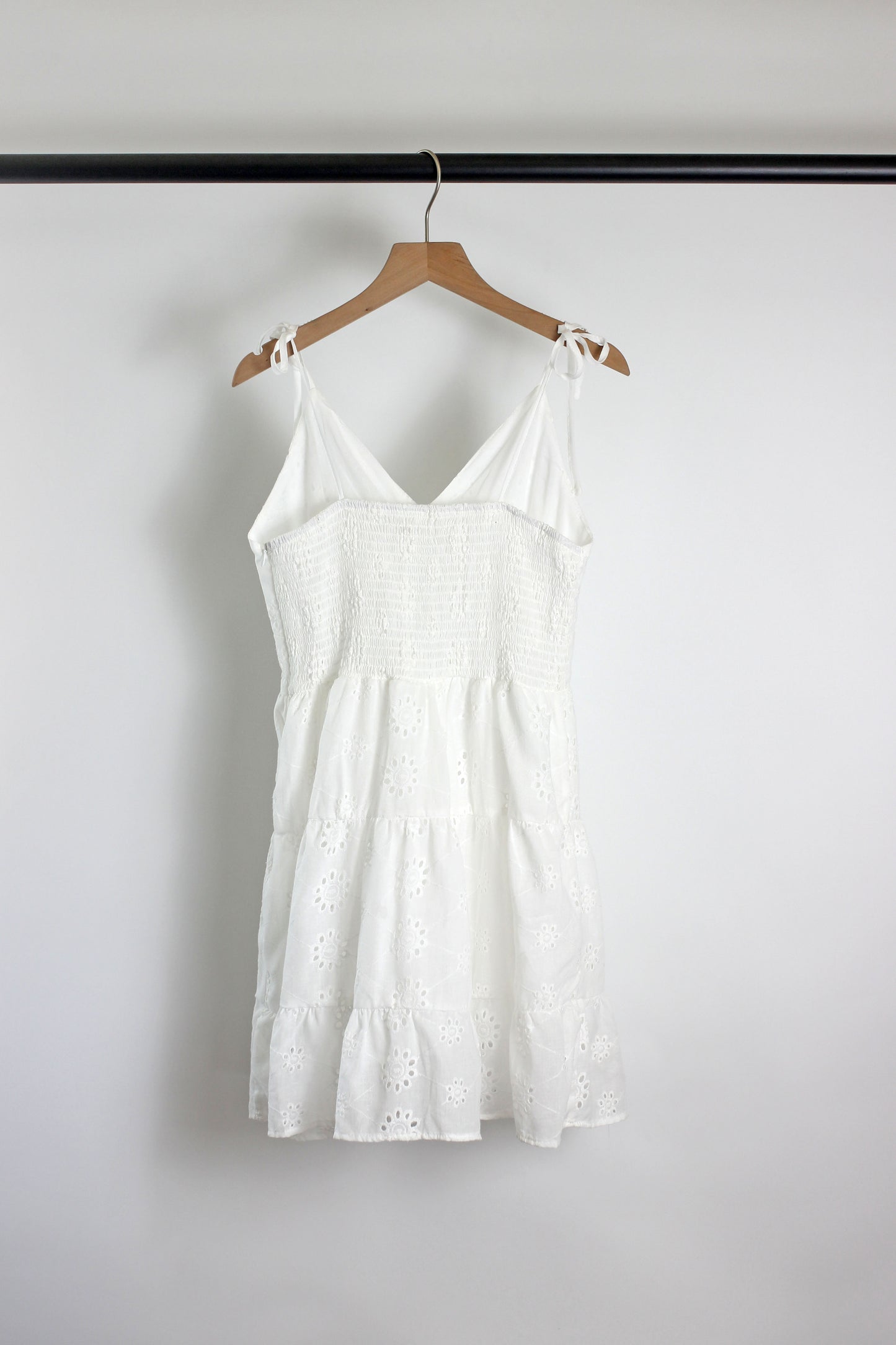 D2506DLM40332 - Eyelet Embroidered Tie-Strap White Sundress