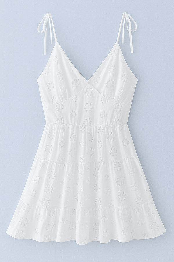 D2506DLM40332 - Eyelet Embroidered Tie-Strap White Sundress