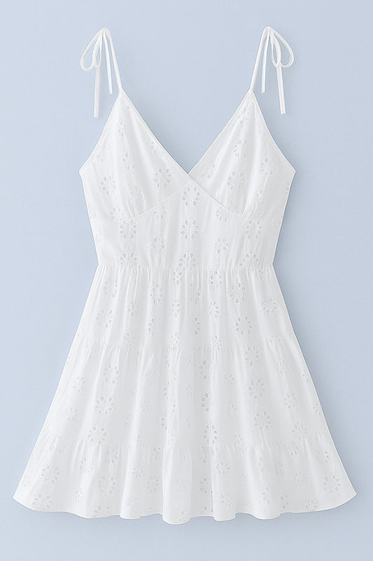 D2506DLM40332 - Eyelet Embroidered Tie-Strap White Sundress