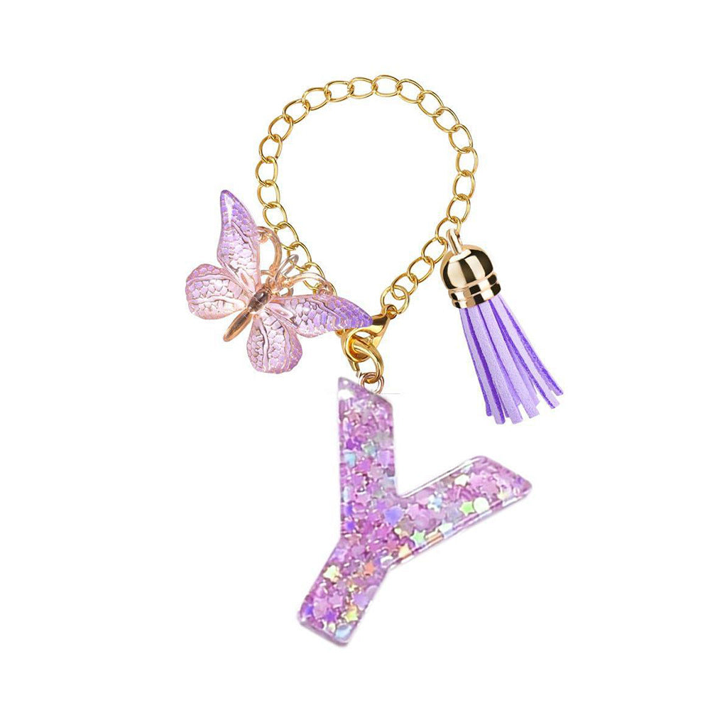A2507HY68144 - Glitter Resin Letter Keychain ¨C Butterfly & Tassel Bag Charm