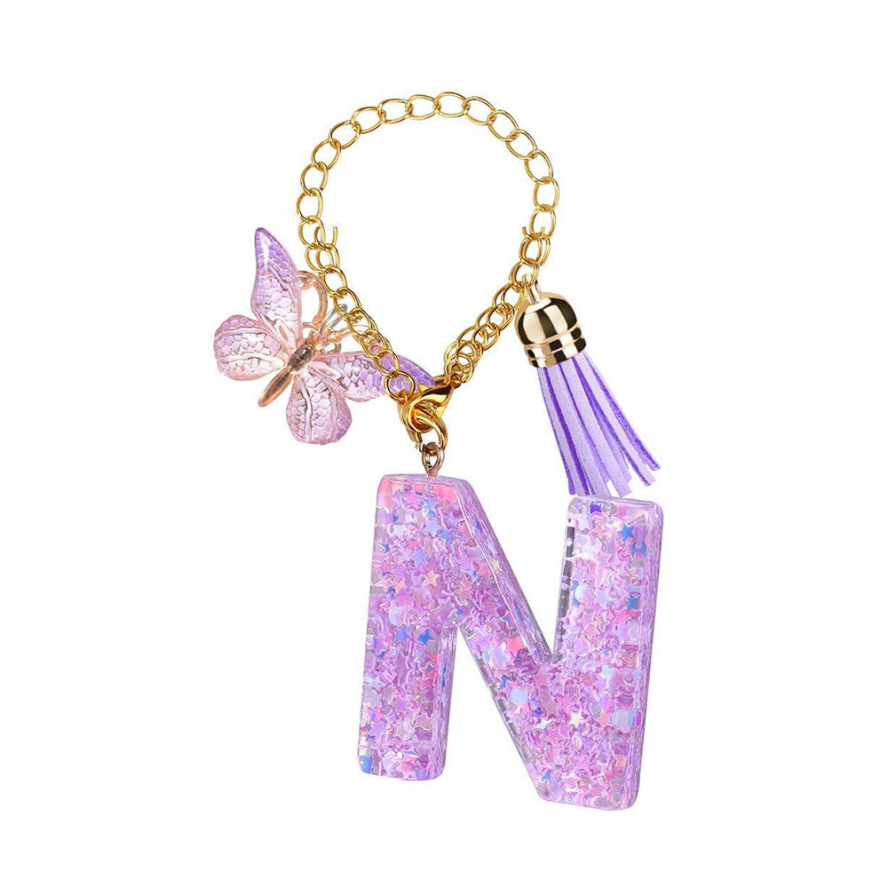A2507HY68144 - Glitter Resin Letter Keychain ¨C Butterfly & Tassel Bag Charm