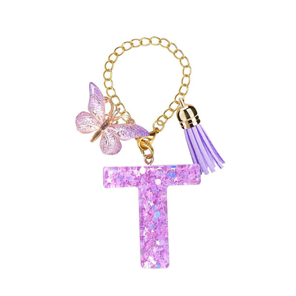 A2507HY68144 - Glitter Resin Letter Keychain ¨C Butterfly & Tassel Bag Charm
