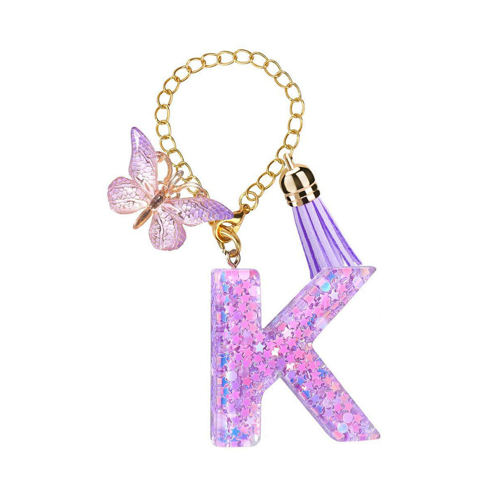 A2507HY68144 - Glitter Resin Letter Keychain ¨C Butterfly & Tassel Bag Charm