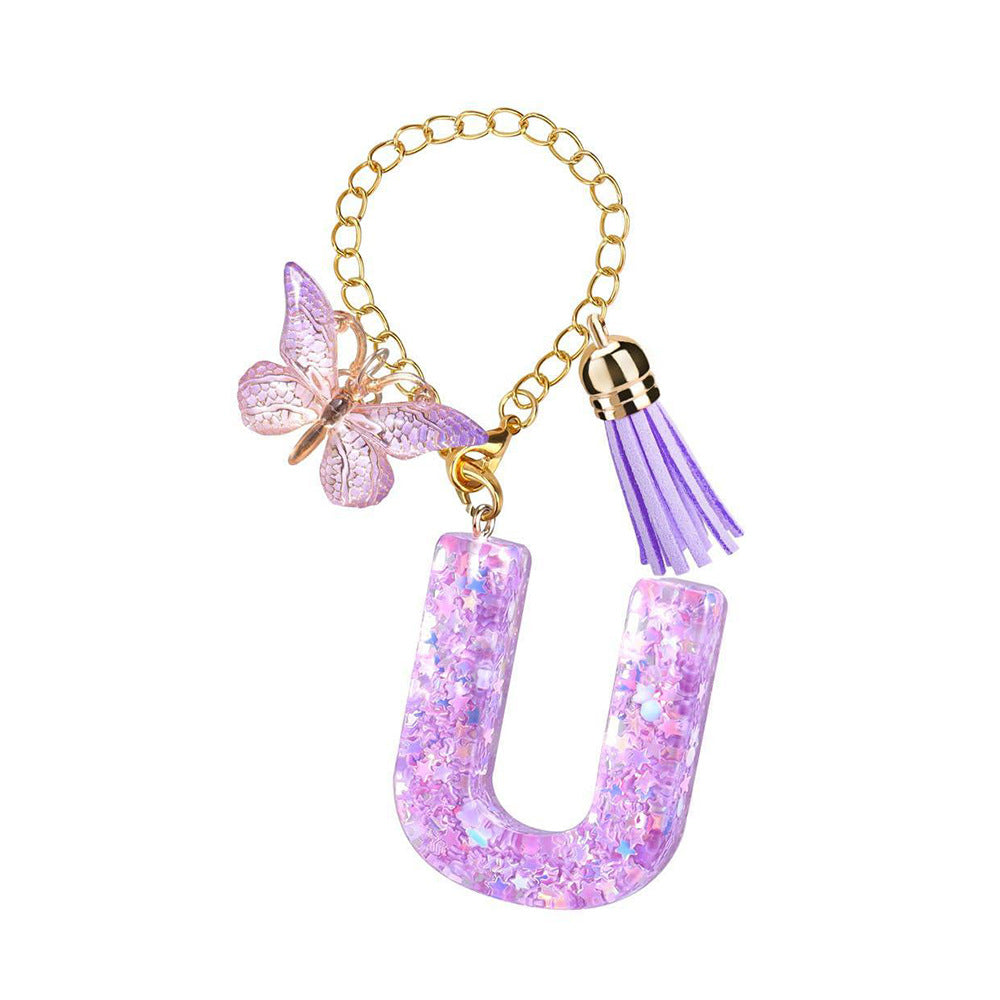 A2507HY68144 - Glitter Resin Letter Keychain ¨C Butterfly & Tassel Bag Charm