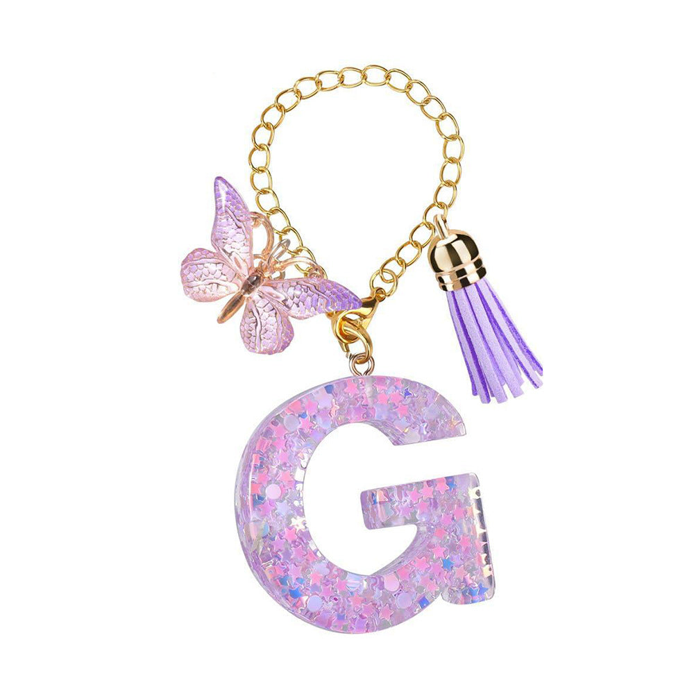 A2507HY68144 - Glitter Resin Letter Keychain ¨C Butterfly & Tassel Bag Charm