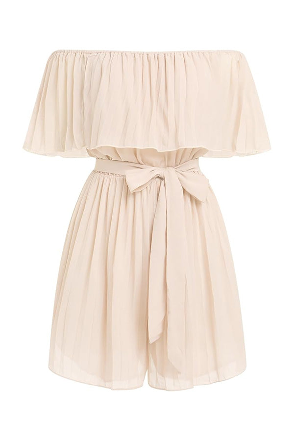 R2503HRM41057 - Off-Shoulder Pleated Chiffon Romper with Waist Tie