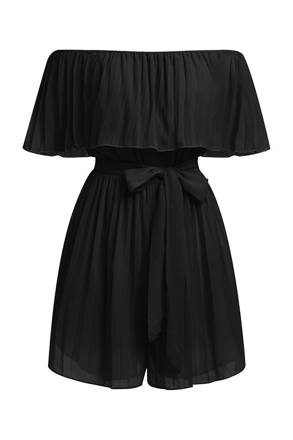 R2503HRM41057 - Off-Shoulder Pleated Chiffon Romper with Waist Tie