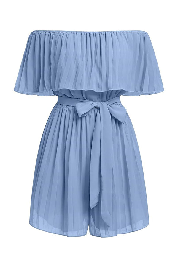R2503HRM41057 - Off-Shoulder Pleated Chiffon Romper with Waist Tie