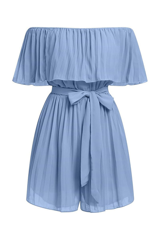 R2503HRM41057 - Off-Shoulder Pleated Chiffon Romper with Waist Tie