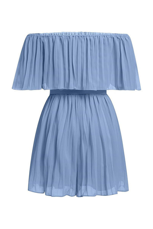 R2503HRM41057 - Off-Shoulder Pleated Chiffon Romper with Waist Tie