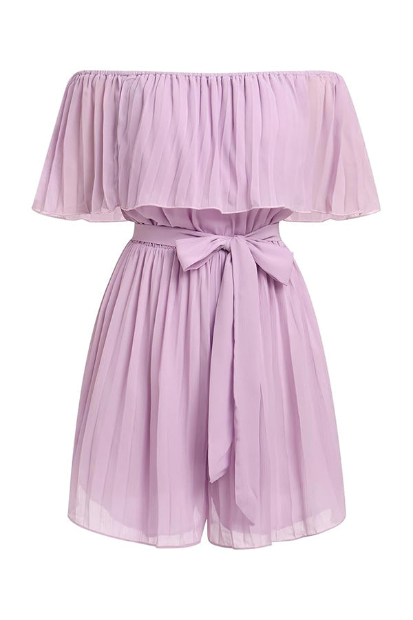 R2503HRM41057 - Off-Shoulder Pleated Chiffon Romper with Waist Tie