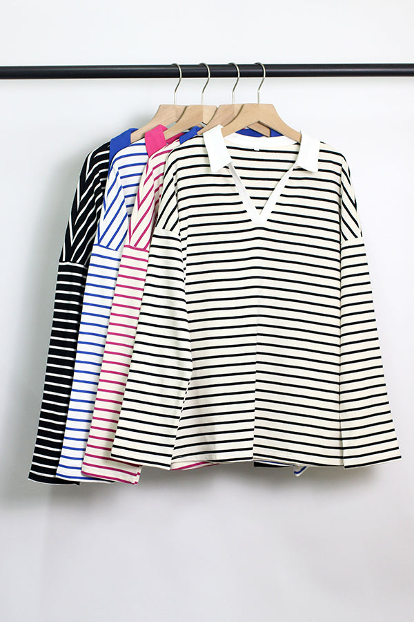 T2408MD26344 - Striped V-Neck Collar Pullover