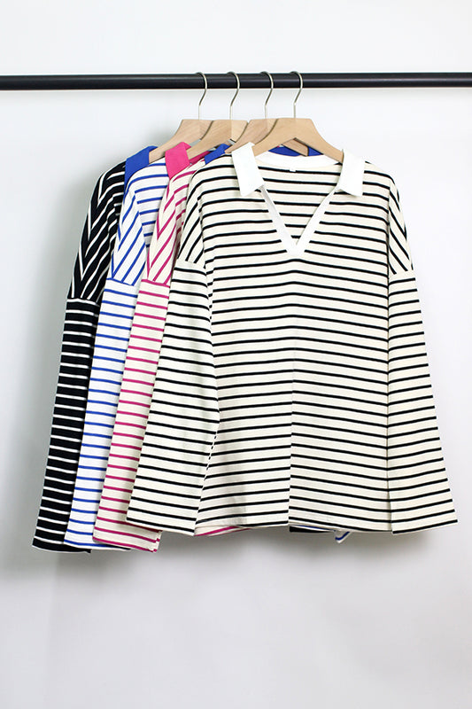 T2408MD26344 - Striped V-Neck Collar Pullover