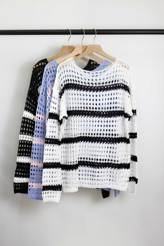 T2501JYYS31148 - Striped Open-Knit Crochet Sweater