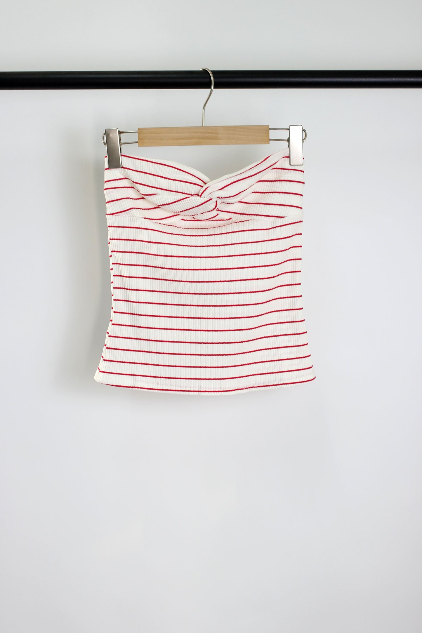 T2502MSJC70755 - Striped Ribbed Knit Tube Top with Twist Detail